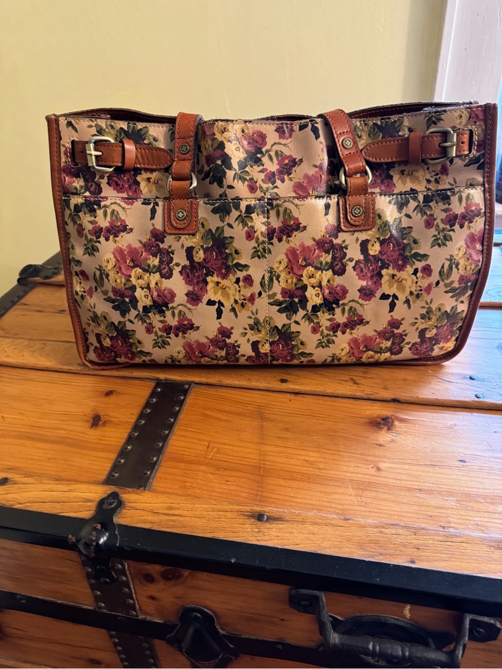 Patricia Nash Cream Floral Tote with Brown Trim